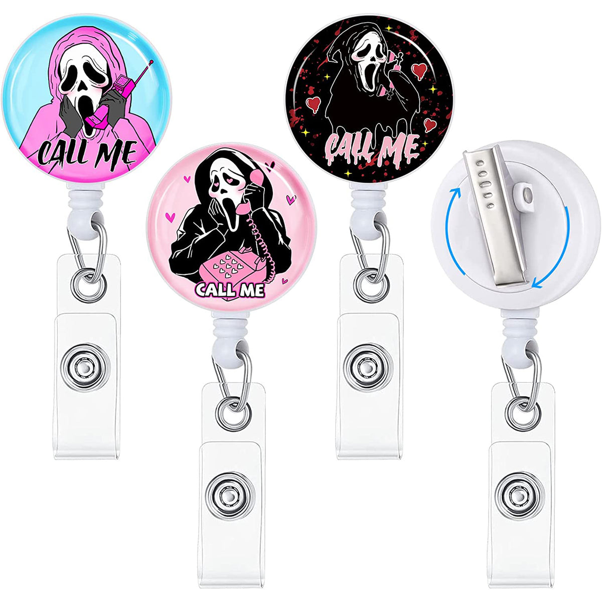 3 PCS Pink Ghost Face Badge Reel Retractable with Alligator Clip