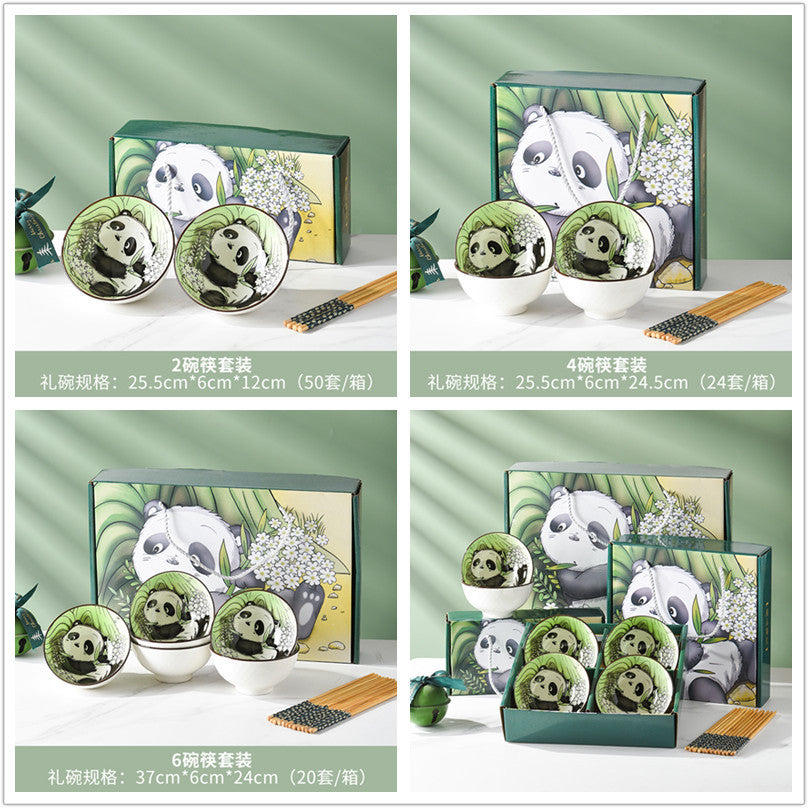 Panda blue and white porcelain bowl and chopsticks set gift box will sell small gifts for opening promotions