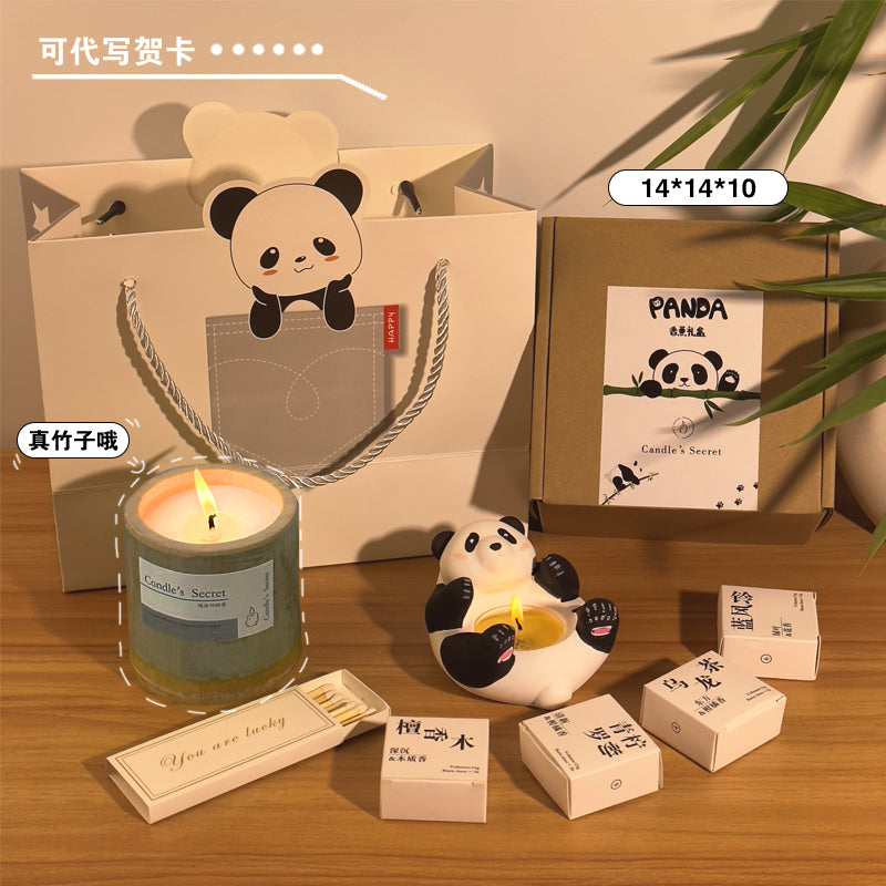Aromatherapy Candle Fragrance Concealed Poetry Gift Box, Bedroom Incense, Birthday Gift for Men and Women, Panda Candlestick with Hand Gift