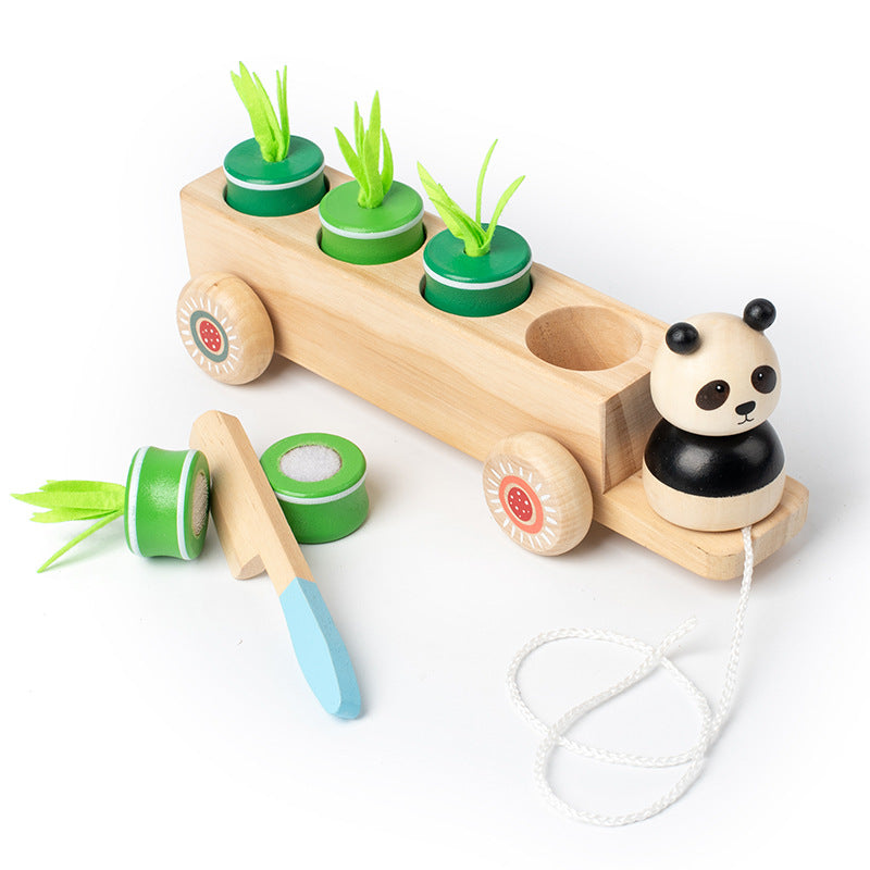 Wooden children's puzzle and early education toys creative three in one pulling radish, rabbit, panda, cart, fruit matching toys