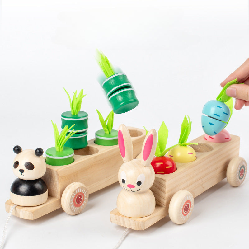 Wooden children's puzzle and early education toys creative three in one pulling radish, rabbit, panda, cart, fruit matching toys